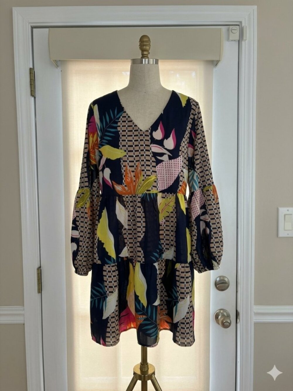 Mixed Print Tiered Long Sleeve Dress